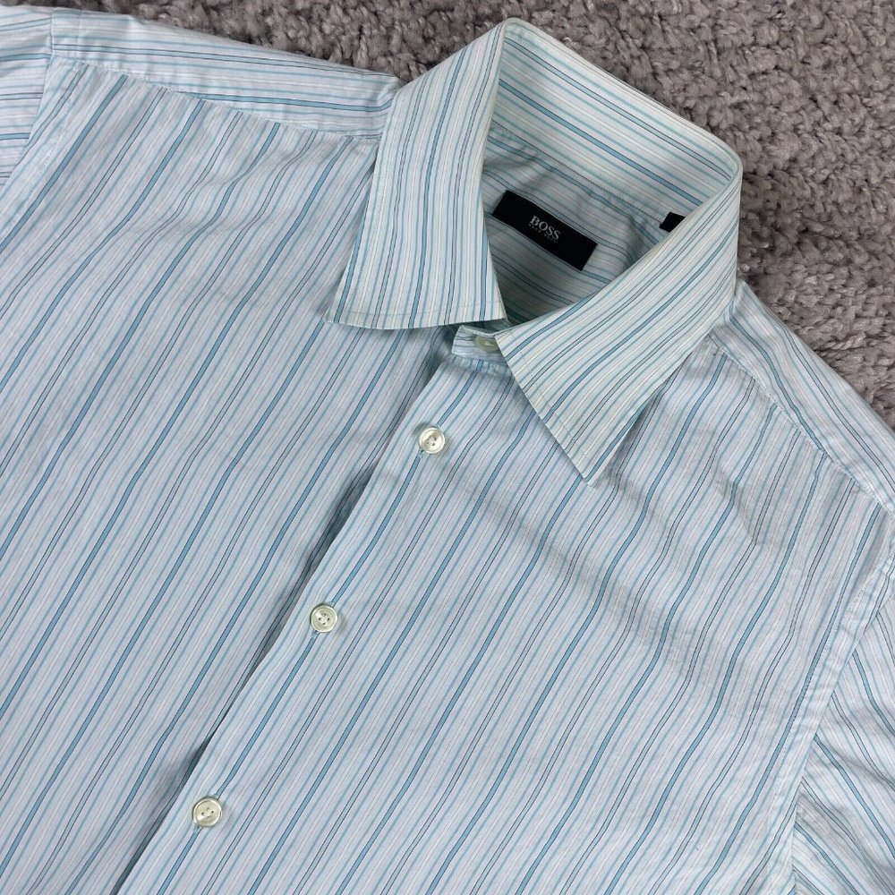 Hugo Boss Dress Shirt Men's Size 42 16.5 Blue Striped Button Up Long Sleeve - Picture 1 of 13